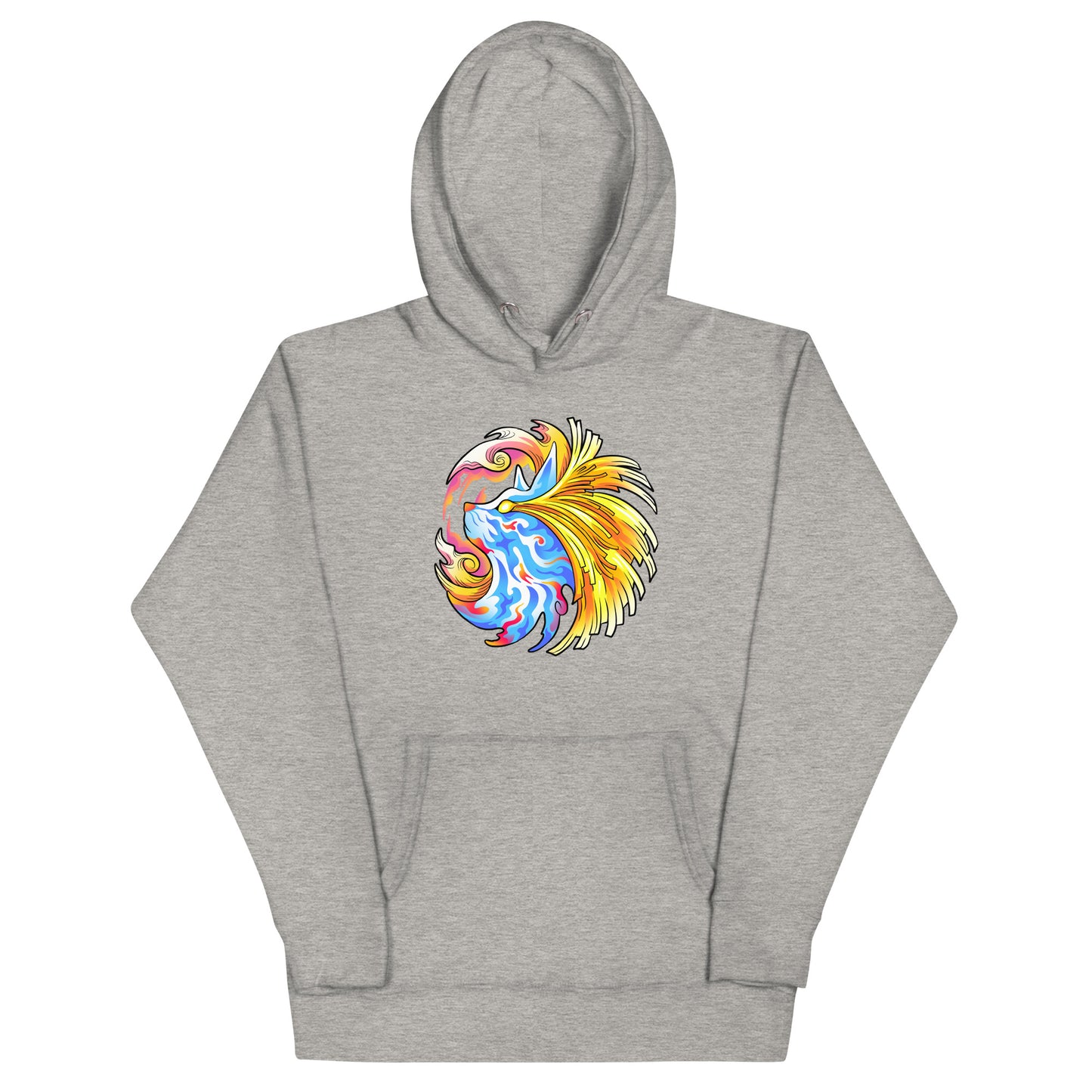 Pharaoh Zebady carbon hoodie. Psychedelic blue and white cat with energy beams streaming out his eyes and around the head.