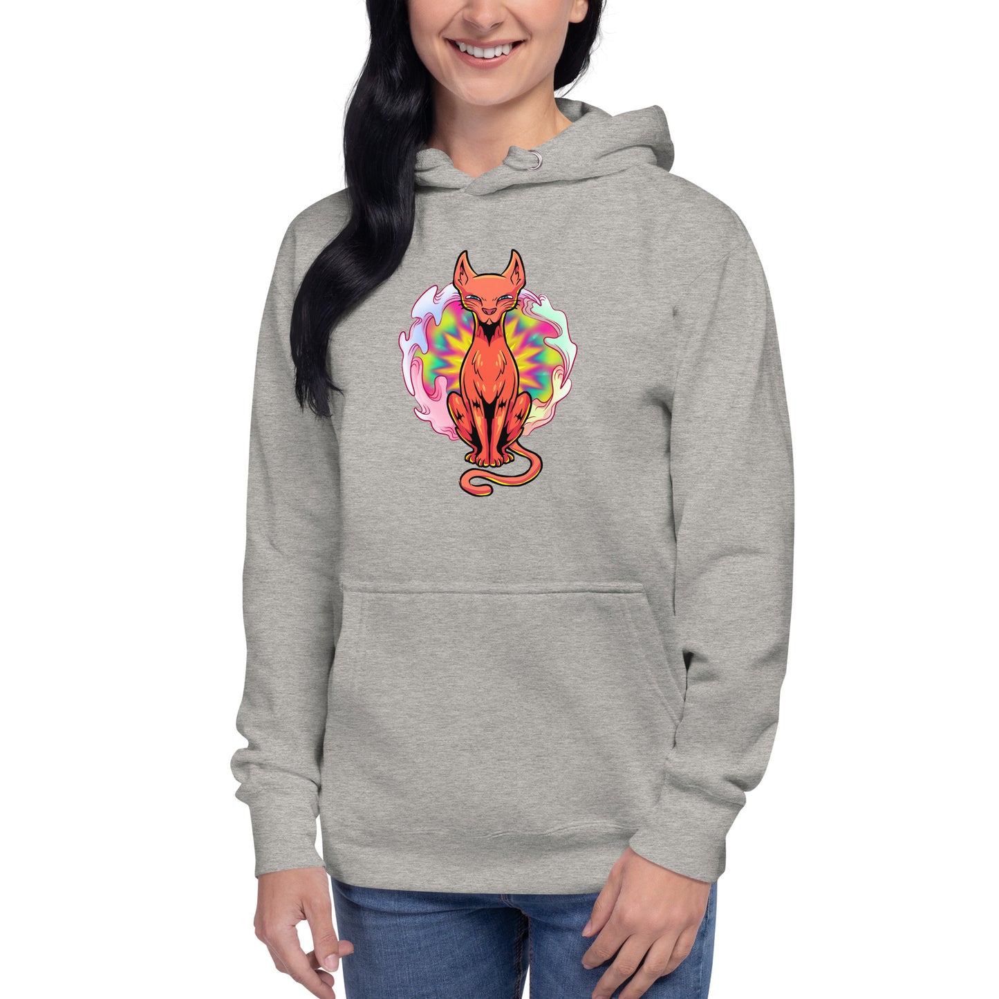Oscar Calico carbon hoodie. Ginger cat sitting in front of a psychedelic vortex.
