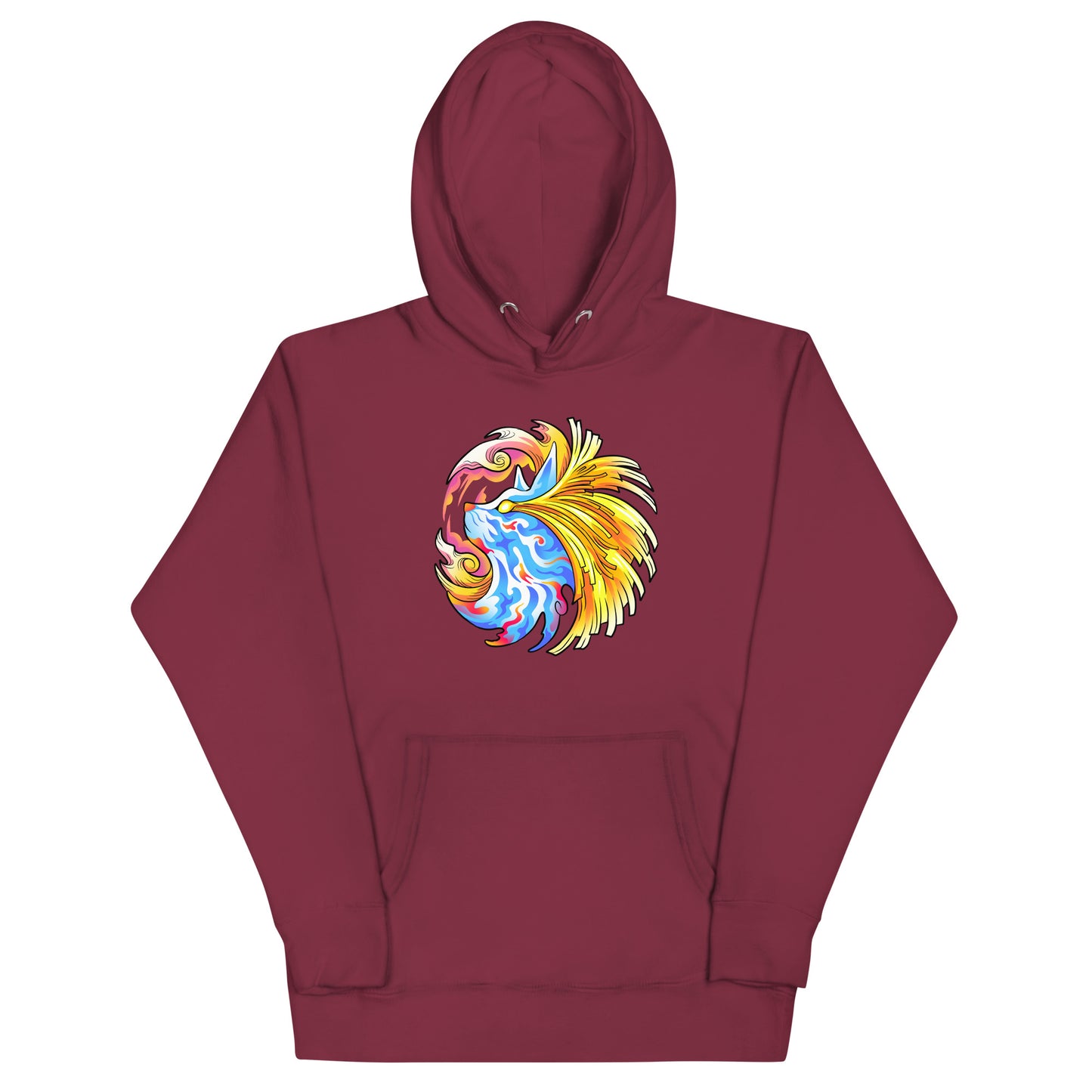 Pharaoh Zebady maroon hoodie. Psychedelic blue and white cat with energy beams streaming out his eyes and around the head.