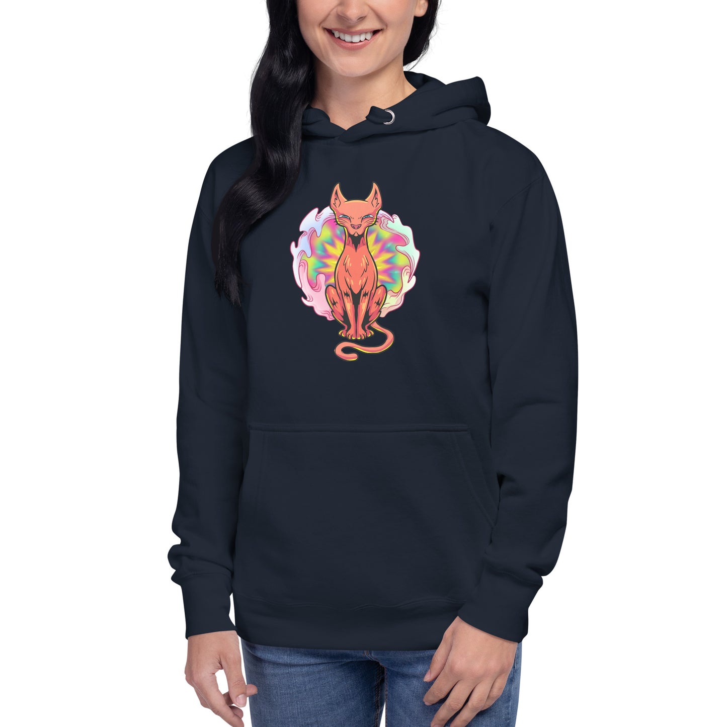 Oscar Calico navy hoodie. Ginger cat sitting in front of a psychedelic vortex.