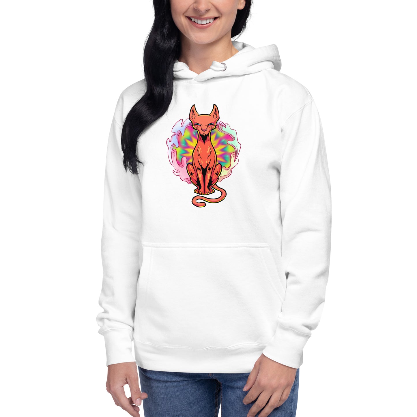 Oscar Calico white hoodie. Ginger cat sitting in front of a psychedelic vortex.