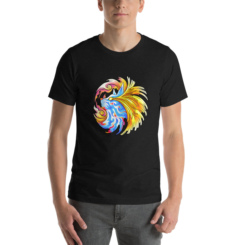 Pharaoh Zebady black tee shirt. Psychedelic blue and white cat with energy beams streaming out his eyes and around the head.