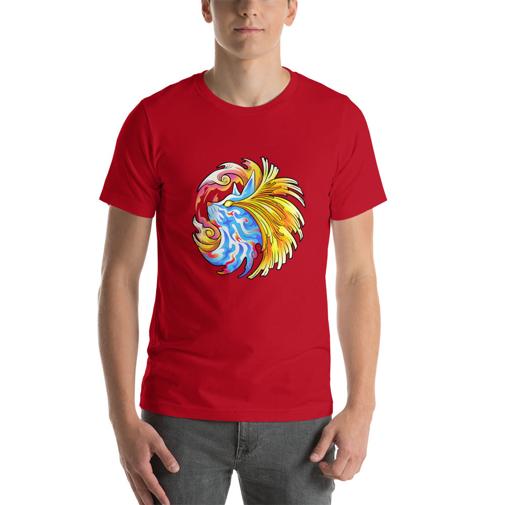 Pharaoh Zebady red tee shirt. Psychedelic blue and white cat with energy beams streaming out his eyes and around the head.