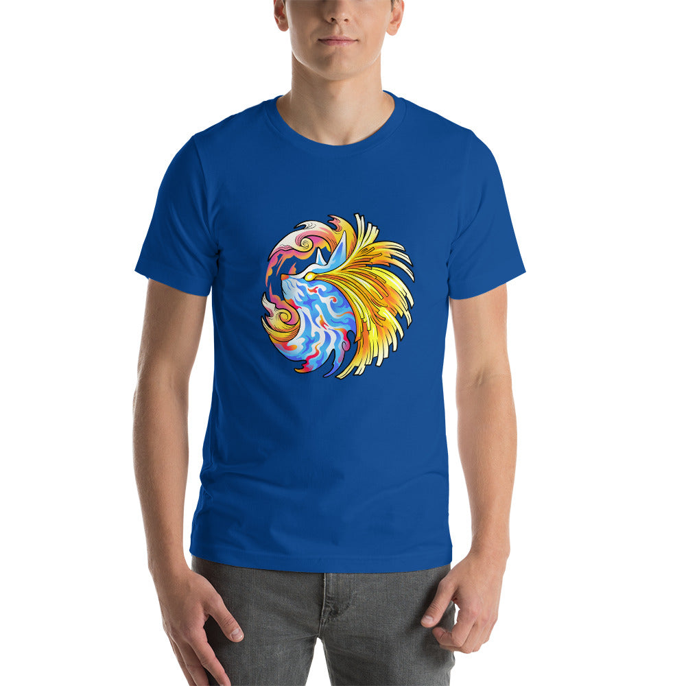 Pharaoh Zebady true royal tee shirt. Psychedelic blue and white cat with energy beams streaming out his eyes and around the head.