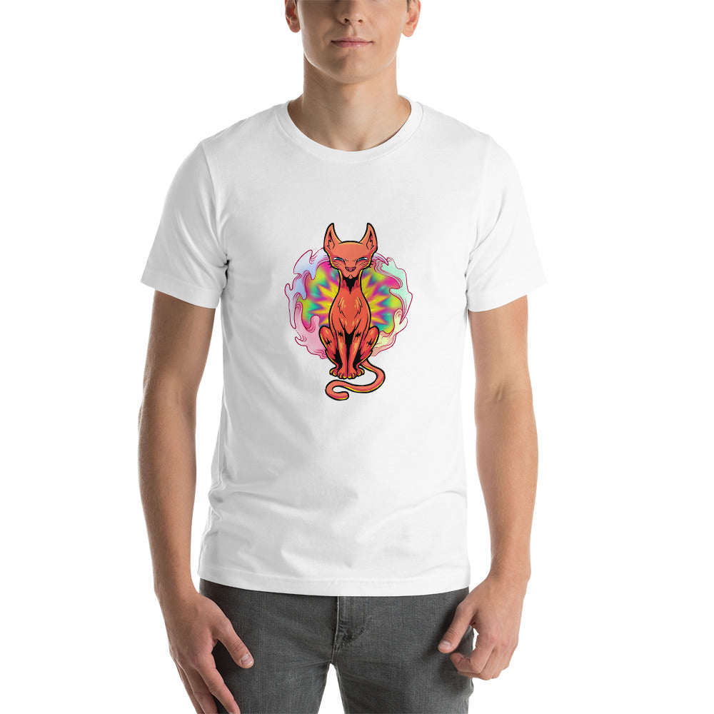 Oscar Calico white tee shirt. Ginger cat sitting in front of a psychedelic vortex.