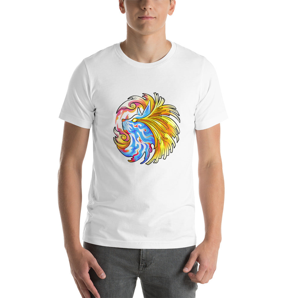 Pharaoh Zebady white tee shirt. Psychedelic blue and white cat with energy beams streaming out his eyes and around the head.