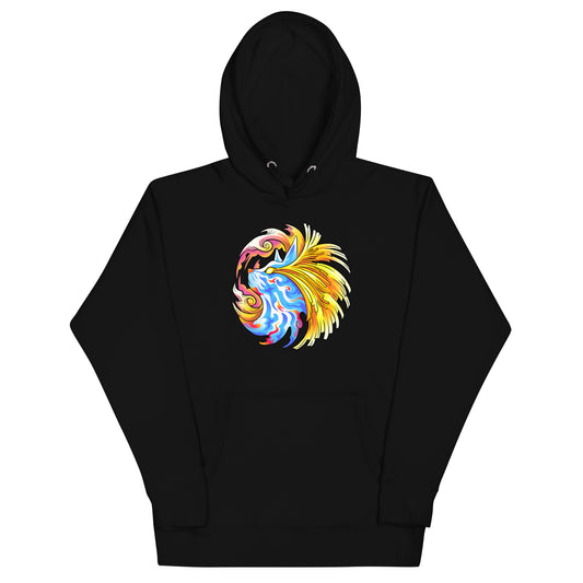 Pharaoh Zebady black hoodie. Psychedelic blue and white cat with energy beams streaming out his eyes and around the head.