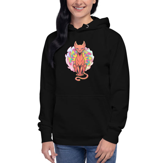 Oscar Calico black hoodie. Ginger cat sitting in front of a psychedelic vortex.