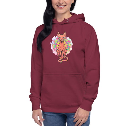Oscar Calico maroon hoodie. Ginger cat sitting in front of a psychedelic vortex.