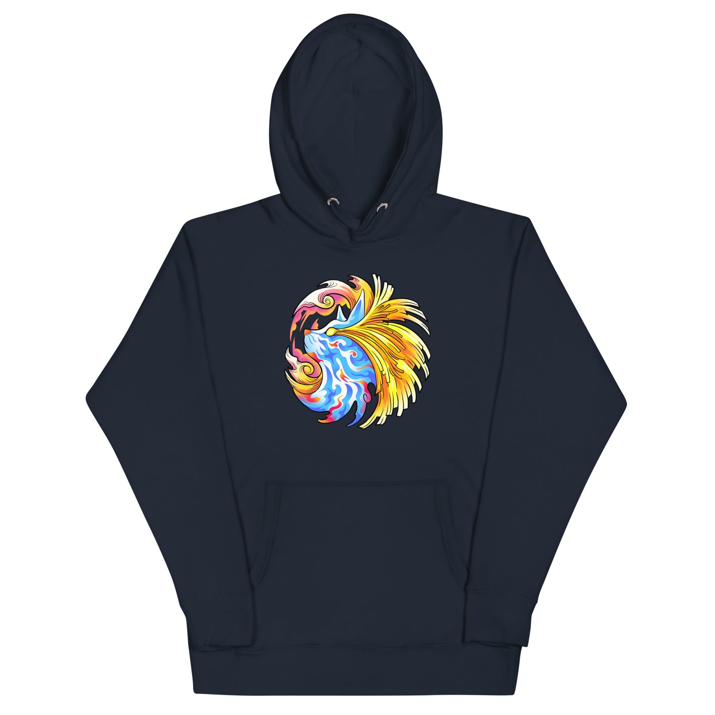 Pharaoh Zebady navy hoodie. Psychedelic blue and white cat with energy beams streaming out his eyes and around the head.