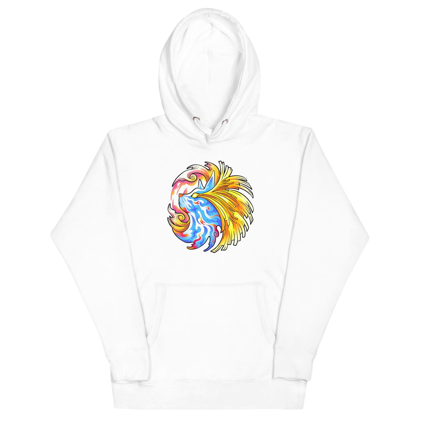 Pharaoh Zebady white hoodie. Psychedelic blue and white cat with energy beams streaming out his eyes and around the head.