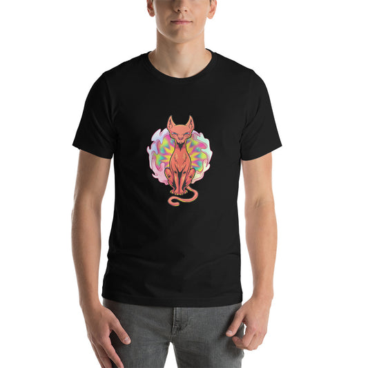 Oscar Calico black tee shirt. Ginger cat sitting in front of a psychedelic vortex.