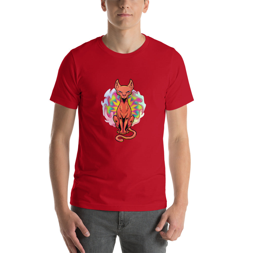 Oscar Calico red tee shirt. Ginger cat sitting in front of a psychedelic vortex.