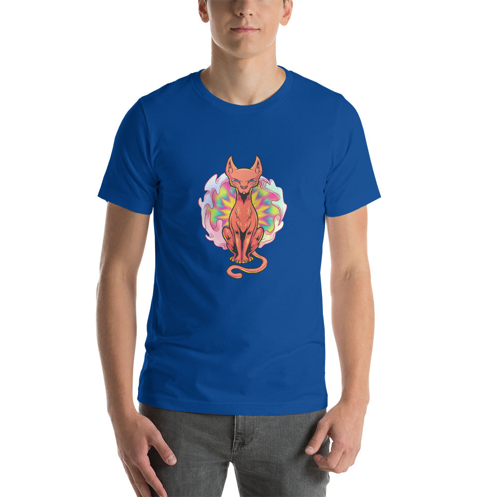 Oscar Calico true royal tee shirt. Ginger cat sitting in front of a psychedelic vortex.