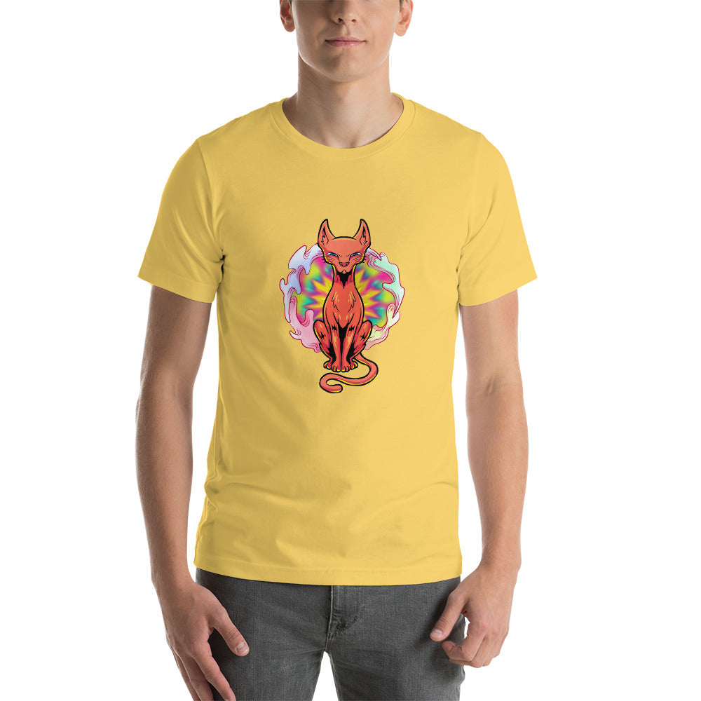 Oscar Calico yellow tee shirt. Ginger cat sitting in front of a psychedelic vortex.